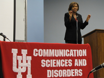 Event coordinator and panel moderator Sharon Hill, an adjunct lecturer on sign language interpretation