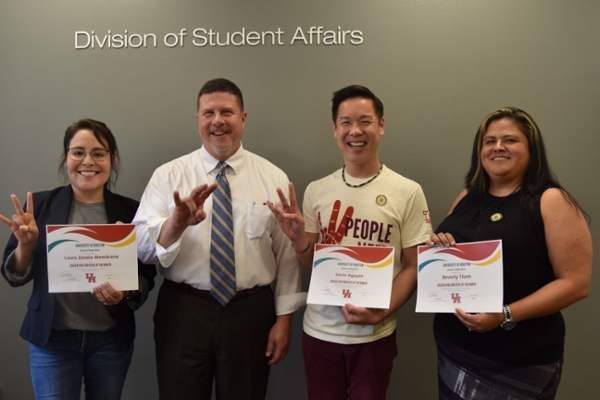 Laura Zavala-Membreno (1st Left), Director of the Women and Gender Resource Center, Kevin Nguyen (1st Right), Associate Director of the Center for Student Advocacy and Community, and Beverly Thom (2nd Right), Manager of Student Centers Facilities & Operations, pictured with Vice Chancellor/Vice President for Student Affairs, Dr. Paul Kittle.