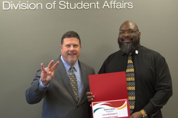 Larry McGowan (Right), Reservationist for Conference and Reservation Services in the Student Center, pictured with Vice Chancellor/Vice President for Student Affairs, Dr. Paul Kittle.