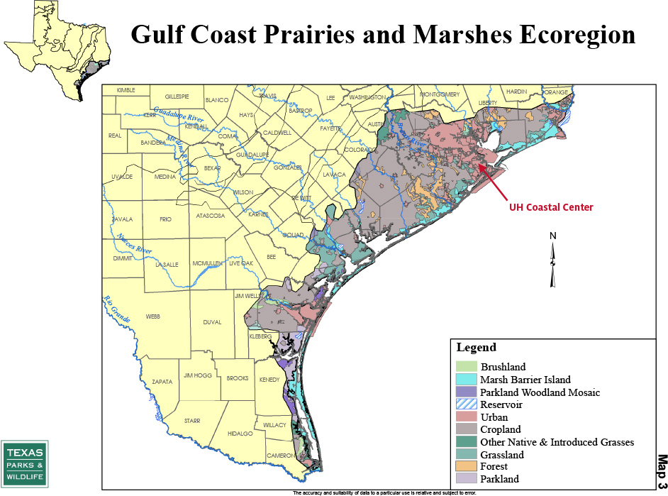 TPWD Coastal Prairies & Marshes Map with UHCC location marked.