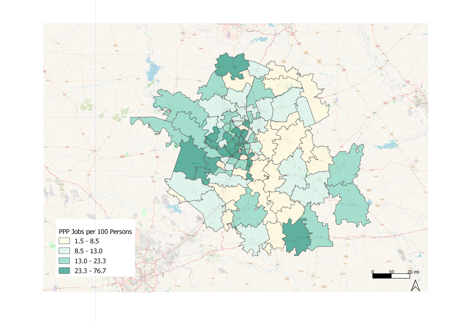 Figure 4.7: Jobs protected per 100 persons Source: Census Business Patterns 2019 and SBA-PPP (2021)