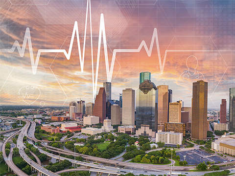 Panoramic view of the Houston skyline with superimposed graphics of a ECG reading and healthcare icons in hexagonal repeating pattern.