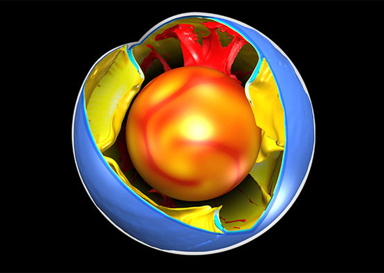 Models show slabs of ocean crust (yellow) falling to Earth's core. Fabio Crameri, in Science