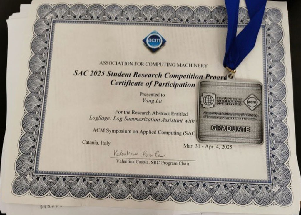 SAC 2025 Student Research Competition Certificate and Medallion won by Yang Lu.